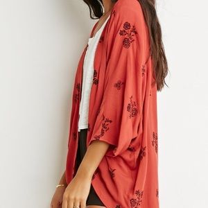 Forever 21 Rust Embroidered Kimono Cardigan